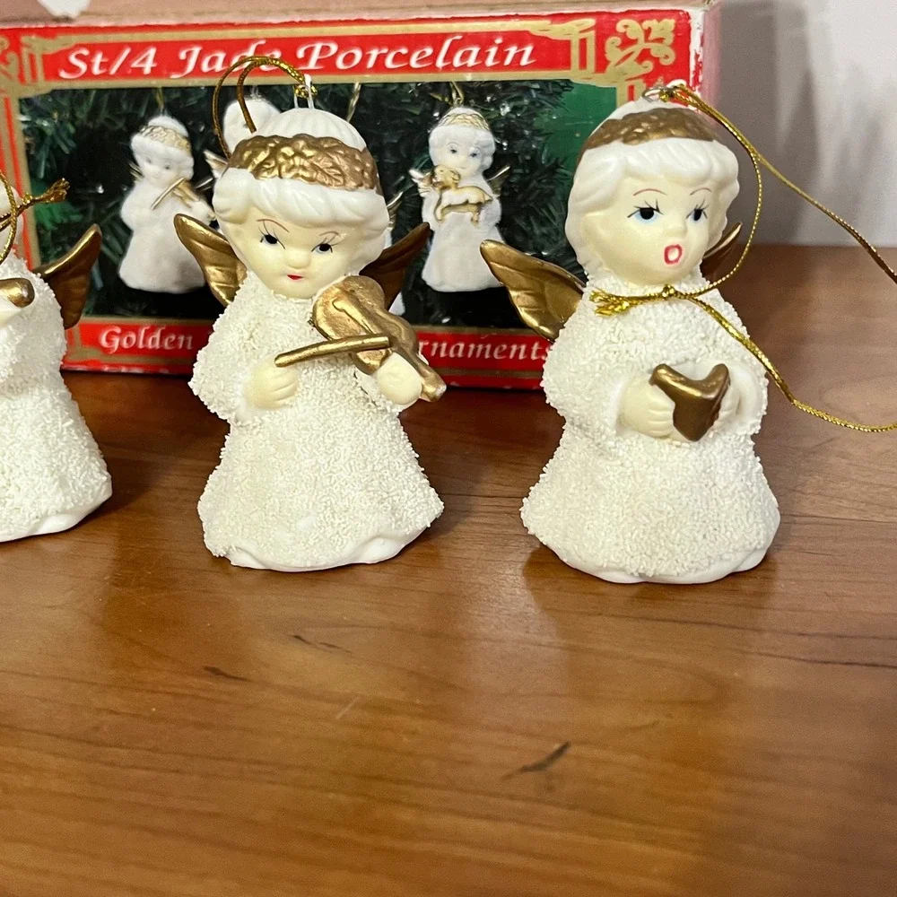 Lincolnshire Collection Jade Porcelain Golden Angel Christmas Ornaments Set of 4